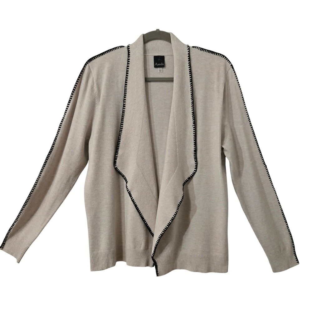 Aaeda Women L Elegant Boho Cream Beige Open Front Cardigan Black Blanket Stitch‎